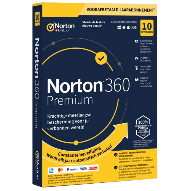 Norton 360 Premium | 10 Apparaten | 1 Jaar | 2025 | 75 GB Cloud backup
