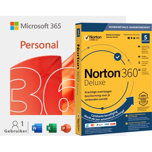 Microsoft 365 Personal met Norton 360 Deluxe | 5 Apparaten | 1 Jaar