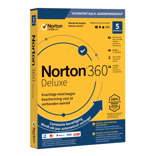 Norton 360 Deluxe | 5 Apparaten | 1 Jaar | 2025 | 50 GB Cloud Opslag